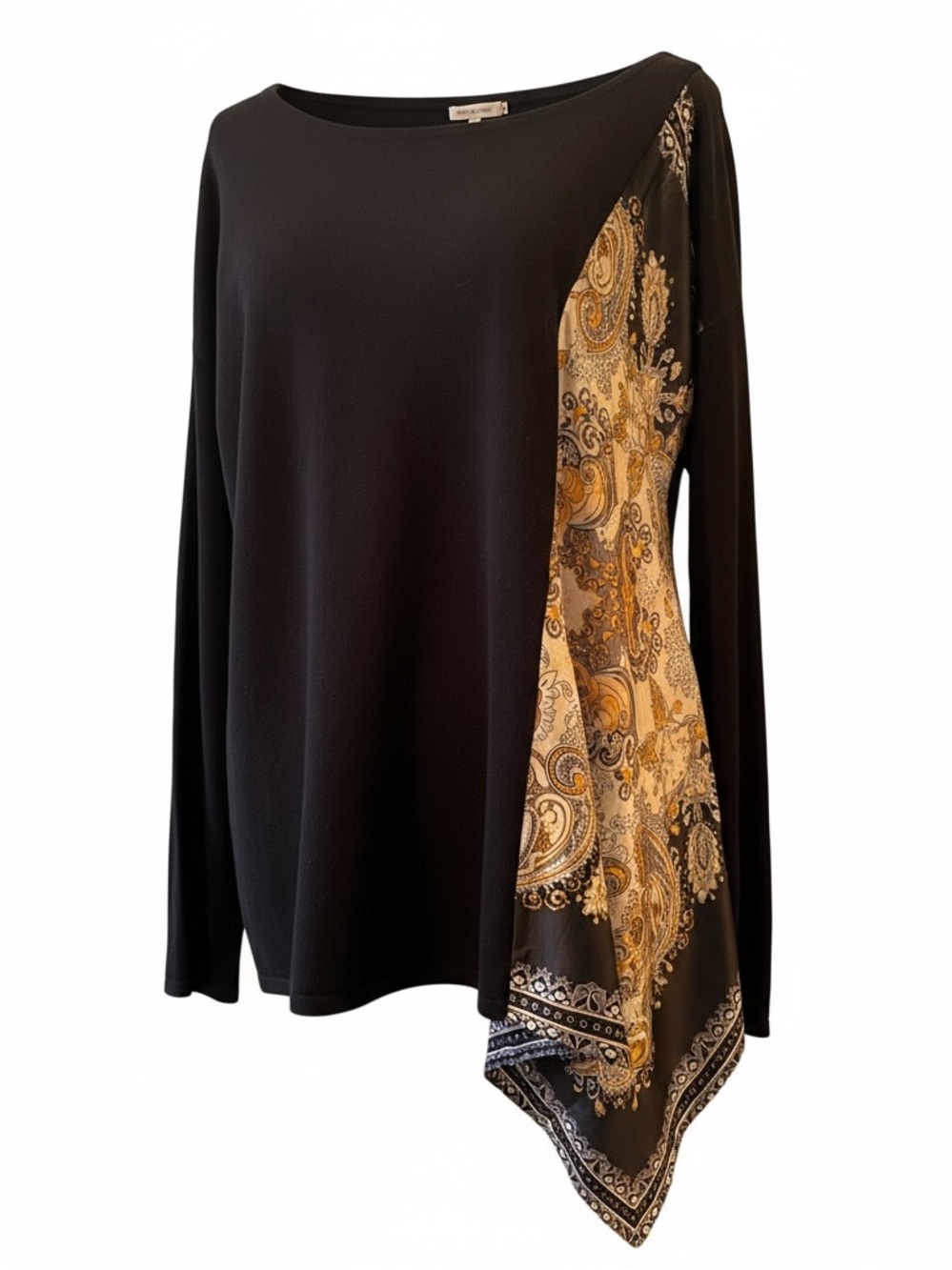 Chico's Black Asymmetrical Top with Dramatic Gold Paisley Scarf Panel Size M